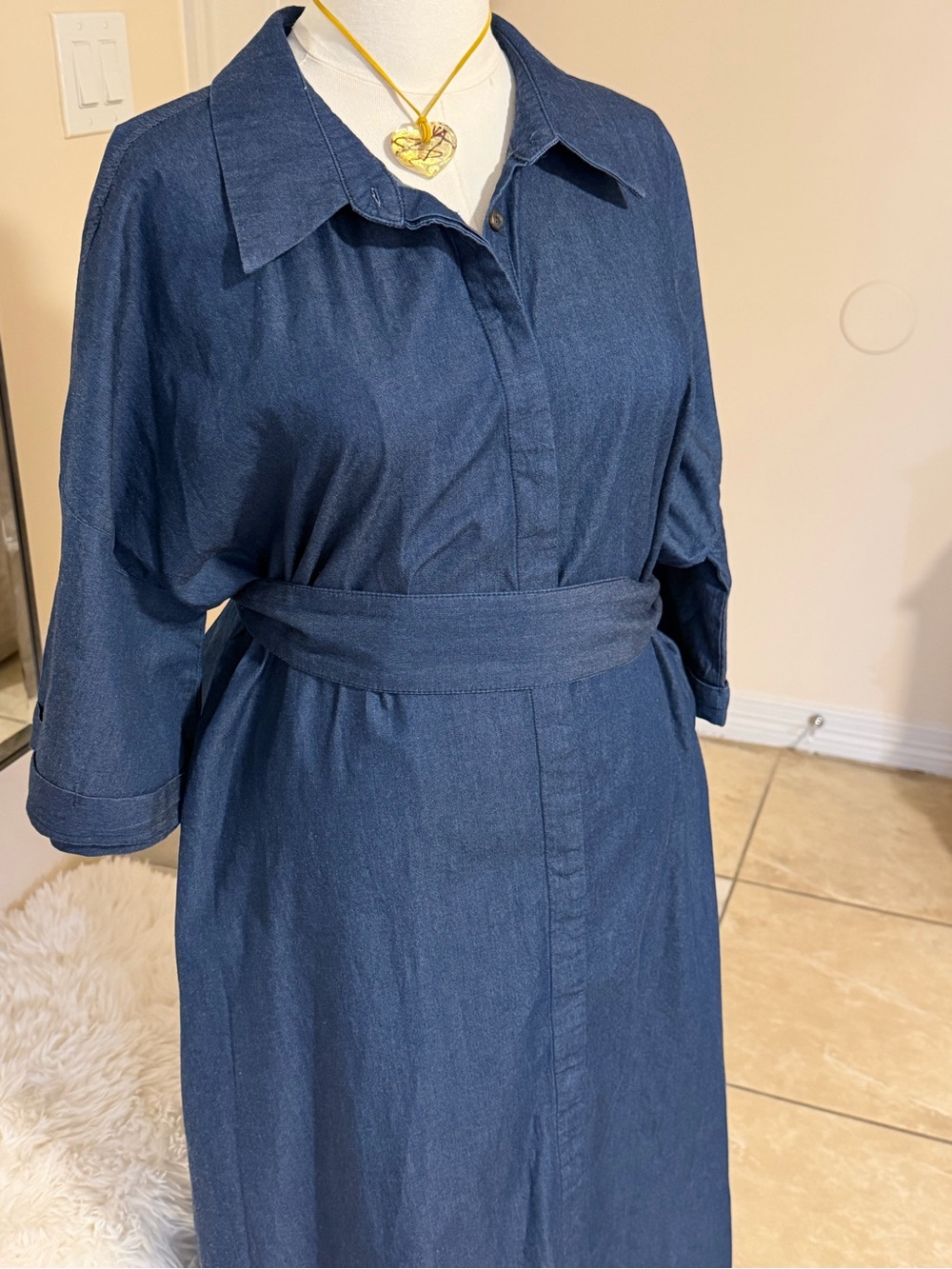 Pomander Place Dark Blue Denim Maxi Shirt Dress with Waist Tie